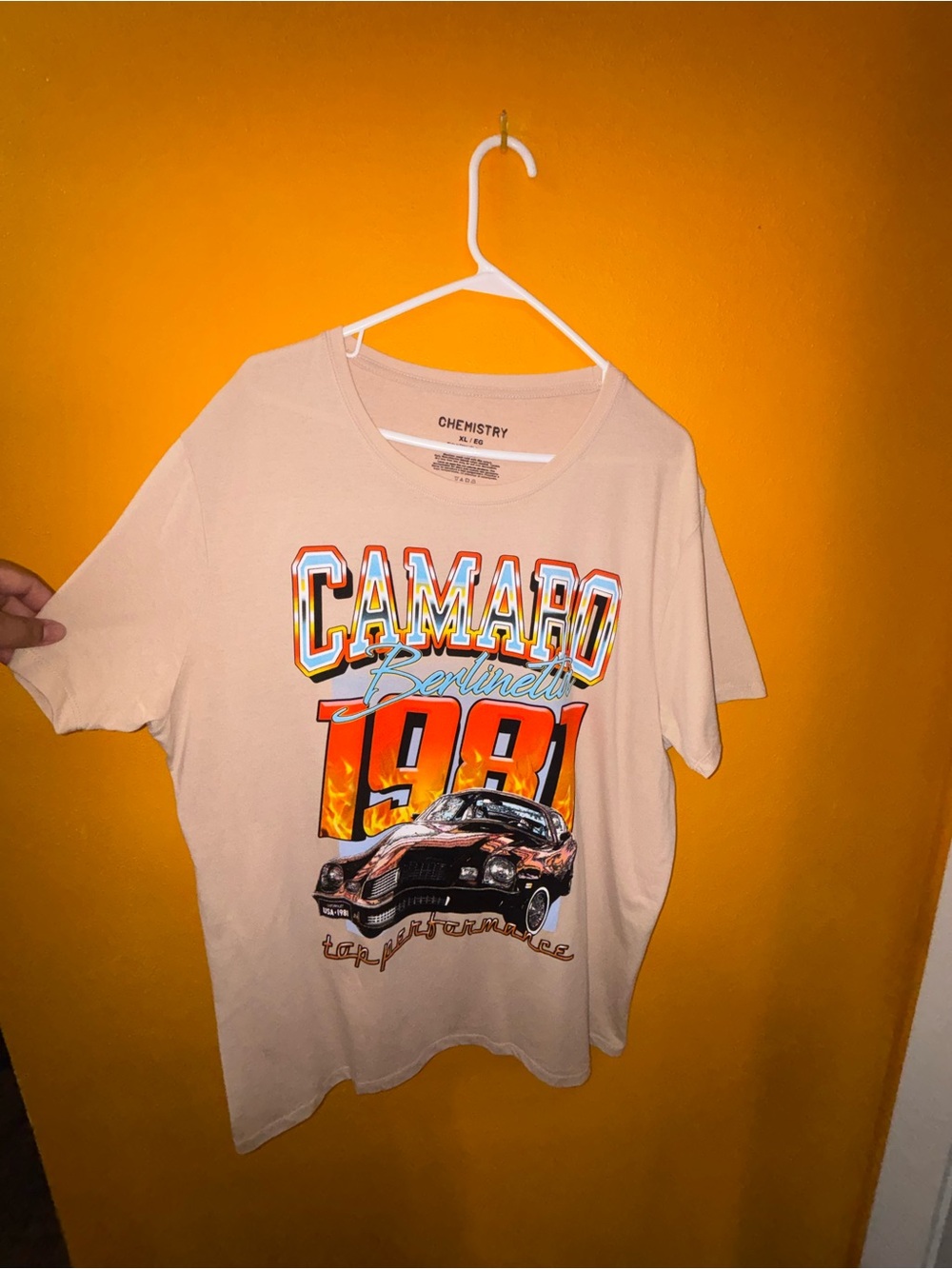 Chemistry Beige Graphic T-Shirt with Multicolor Camaro Print